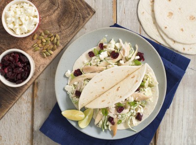 Turkey Tacos with brussels sprouts and cranberry slaw